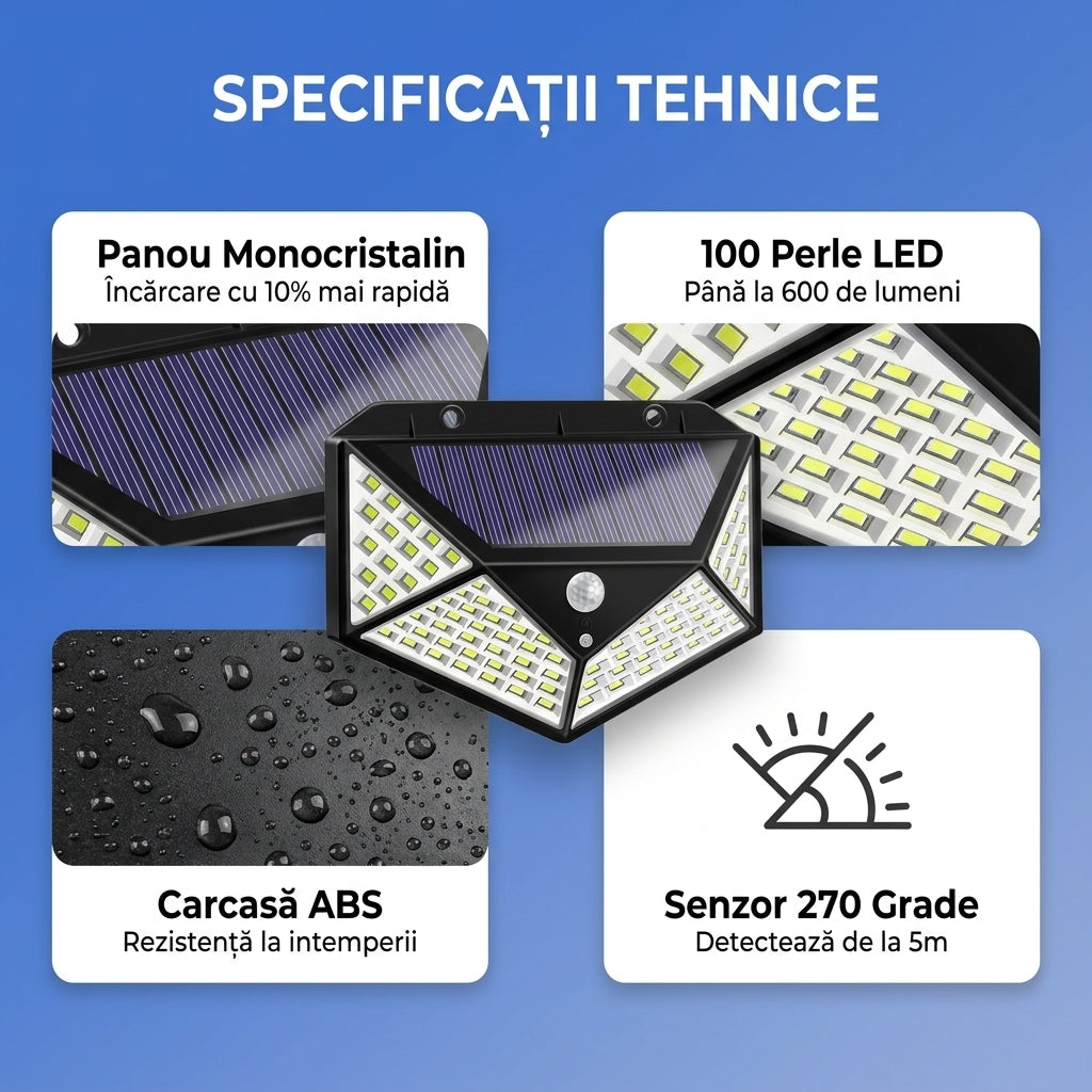 Lampa solara cu senzor de miscare, 100 LED-uri
